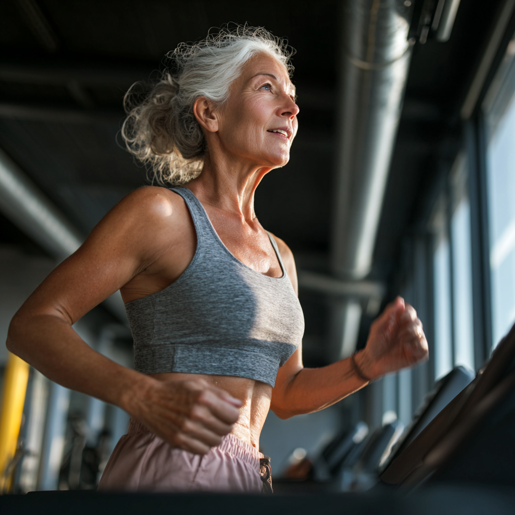 Активна жінка 58 років виконує кардіо-тренування на біговій доріжці, демонструючи високу витривалість та енергійність