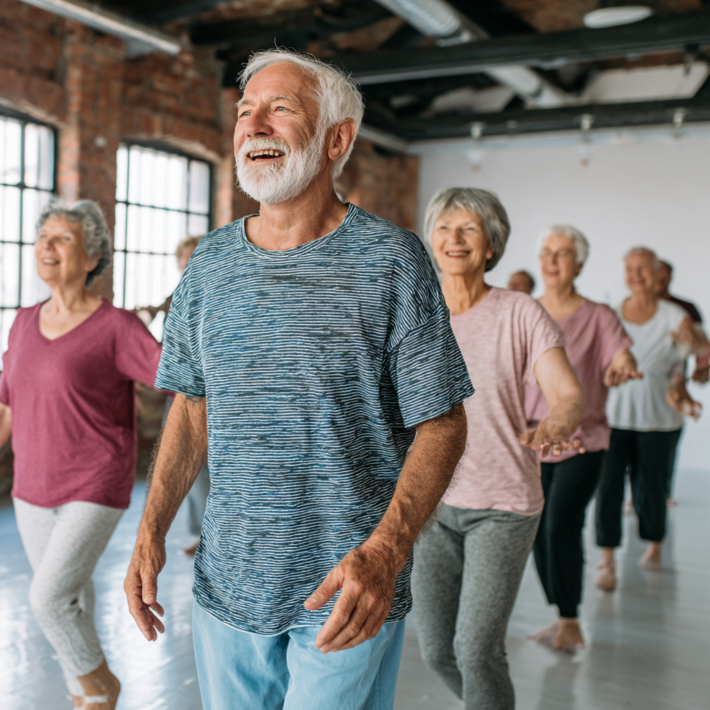 Енергійна група людей 50-60 років виконує синхронні вправи під керівництвом тренера в просторому залі