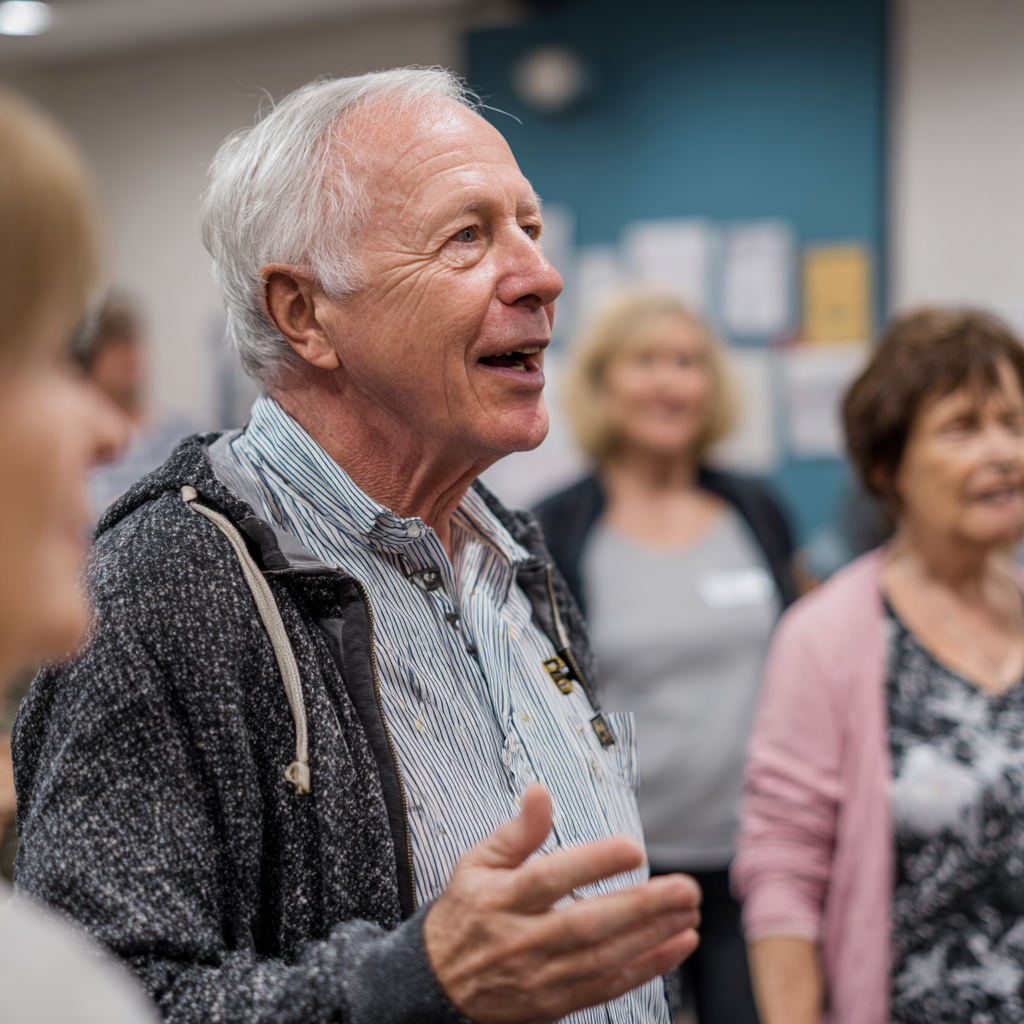 Досвідчений тренер працює з групою людей 50-60 років, демонструючи індивідуальний підхід до кожного учасника тренування