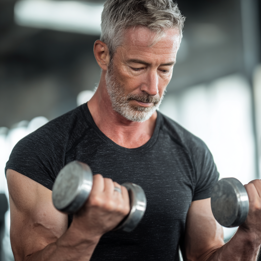 Енергійний чоловік 55 років виконує силові вправи з гантелями в сучасному тренажерному залі, демонструючи силу та витривалість